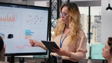 Şirketin gelişimi için veri raporlarını tartışmak ve analiz etmek üzere toplantı odasında personeline performans göstergeleri sunan hırslı bir CEO. Brifingdeki güçlü kadınlar. Kamera B.