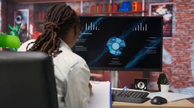 Meslek geliştirme için online öğrenim yapan öğrenci sunumu izlerken not alıyor. İnternet seminerinden bilgi toplayan kadın bilgisayar ekranı, kamera B