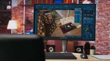 İç tasarım proje varlıklarını taşımak için kullanılan bilgisayardaki mimari tasarım yazılımı. Ev planlarını gösteren bilgisayar ekranında CAD yazılım arayüzü.