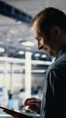 Dikey video Jolly IT uzmanı tesisteki tableti kullanarak sunucu odası aktivitesini izliyor. Happy Veri Merkezi teknisyeni, sistemlerin doğru çalıştığından emin olmak için testlerin sonuçlarını aygıtla gözden geçiriyor