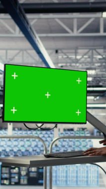 Asker ve kadın teknisyen sunucu merkezi sistemlerini yönetmek için yeşil ekran bilgisayar kullanıyor. Afrika kökenli Amerikalı kadın ve ordu komutanı, Veri Merkezi, Kamera A 'da model çalışma istasyonu kullanıyor.