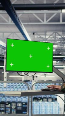 Sunucu merkezindeki dikey video ordu programcısı keşif bilgilerini incelemek için yeşil ekranda yapay zeka uygulaması kullanıyor. Askeri veri merkezi çalışanı krom anahtar bilgisayarda yapay zeka kullanıyor.