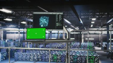 Veri merkezinde nöral ağ aktivitesi gösteren bir defter. Sunucu merkezindeki endüstriyel platformdaki otomatik altyapı yeşil ekran iş istasyonu AI makine öğrenme betiklerini gösteriyor