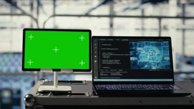 Sunucu odasında yapay zeka teknolojisini destekleyen ekipman donanımlı yeşil ekran tablet. Veri merkezinde Chroma anahtar aygıtı yapay zeka operasyonları için geniş veri depolama ve işleme