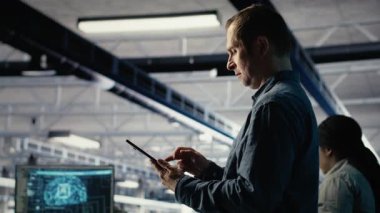 Sunucu merkezinde bilişim uzmanı, derin öğrenme yapay zeka sistemlerinin görevlerle ilgilenmesini kolaylaştırmak için tablet kullanır. Veri merkezi programcısı yapay zeka model parametrelerini aygıt, kamera B kullanarak ayarlar