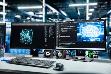 Veri merkezindeki PC monitörlerinde çalışan derin öğrenme uygulamasını işlevsel sunucu raflarıyla kapatın. Sunucu çiftliğindeki yapay zeka teknolojisi programları ile bilgisayar görüntüleriName