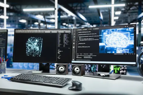 Veri merkezindeki PC monitörlerinde çalışan derin öğrenme uygulamasını işlevsel sunucu raflarıyla kapatın. Sunucu çiftliğindeki yapay zeka teknolojisi programları ile bilgisayar görüntüleriName