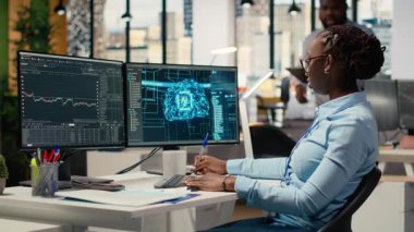 Ekip elemanları, yapay zeka teknolojisiyle ticari operasyonları garantiye alıyor. Yapay zeka kullanarak borsa portföy pozisyonlarını ve kamera B 'yi analiz eden tüccarlar.