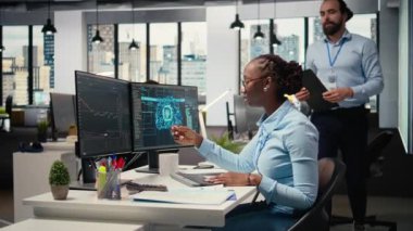 Borsa dalgalanmalarını değerlendirmek için derin öğrenim kullanan tescilli şirket arkadaşları. Komisyoncu şirket yöneticisi ve Afro-Amerikan kadın yatırım raporları oluşturmak için yapay zekayı kullanıyor. Kamera A