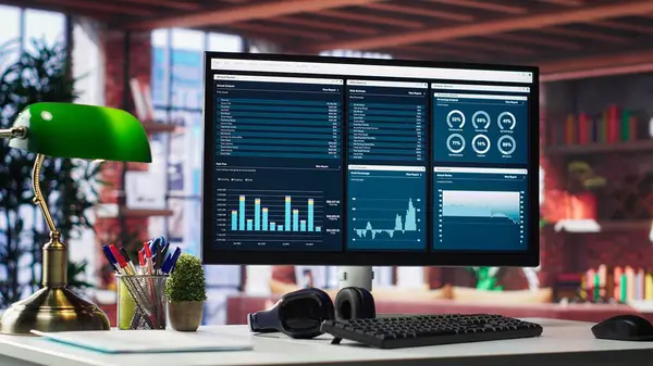 Boş modern masaüstü, bilgi grafikleri ile iş geliştirme çalışmaları için hazır şık bir şehir çatı katında şık bir monitör. Sanatsal iç tasarım ve pazarlama ve web sitesi büyümesi için araçlar.