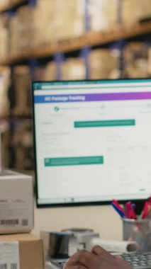 Dağıtım sistemi için takip yazılımlarının envanter verilerini inceleyen dikey video kasiyeri, organize raflarla dolu lojistik merkez depo odası. Çevrimiçi perakende satış ve tedarik zinciri