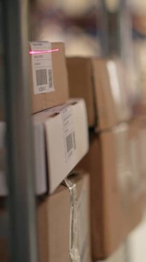 Dikey Video Çalışanı, tamamlama merkezindeki karton kutularda barkod tarayıcısı kullanıyor. Organize raf, paket etiketleri ve güzergah planlama destek dağıtımı ve sevkiyatı. Lojistik merkezi. Kamera B