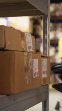 Dikey Afrikalı Amerikalı kadın tarayıcı kullanarak envanterdeki barkod etiketlerini kaydediyor, endüstriyel depodaki lojistik operasyonları çözüyor. İşçi, depolama raflarının yakınındaki nakliye etiketlerini kontrol ediyor