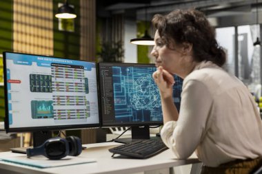 Bilişim şirketi uzmanı, veri madenciliği sonuçlarını yapay zekayla analiz ediyor, bulut hesaplama ve otomasyon araçlarını birleştirerek çift monitörlerdeki verimliliği artırıyor. İş Ofisi.