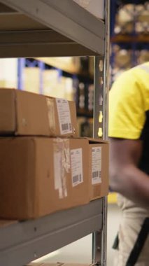 Dikey Video Siyah kadın çalışanı tarayıcı kullanarak envanterdeki hava yolu faturalarını kontrol ediyor, endüstriyel depodaki lojistik operasyonları çözüyor. Rafların yakınındaki nakliye etiketlerini doğrulayan işçiler