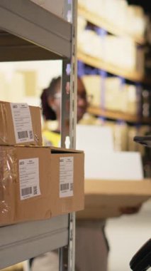 Dikey Video Afrikalı Amerikan e-ticaret çalışanı takip numaralarını tarıyor, nakliye etiketlerini ve depo envanter kayıtları için ayrıntıları kaydediyor. Paletler içeriye aktarılıyor