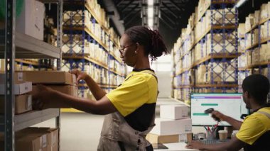 İthalat işlemi sırasında kargo detaylarını doğrulayan zenci kadın işçinin portresi. Güvenlik önlüğü giyip dağıtım merkezindeki düzgün takip numaraları lojistiğinin kayıtlarını tutarak. Kamera A.