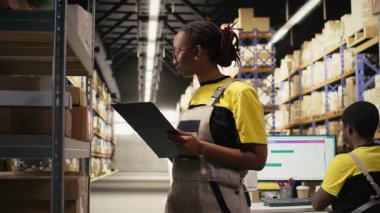 E-ticaret kadın çalışanı, kargo işlemleri için kargo tahtasındaki paket detaylarını kontrol ediyor. Kargo envanterini denetlemek ve büyük ölçekli aktivite için etiketler oluşturmak. Kamera A.