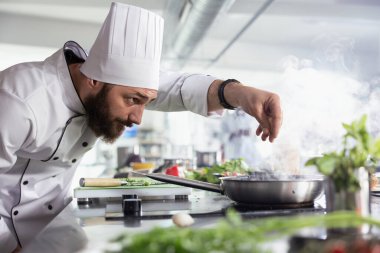 Ticari bir mutfakta, şef taze otlarla kaplanmış tabağa son rötuşları ekliyor. Uzman, lezzetli bir yemek yapmak için çiğ sebze, baharat ve gerekli mutfak malzemelerini kullanır..