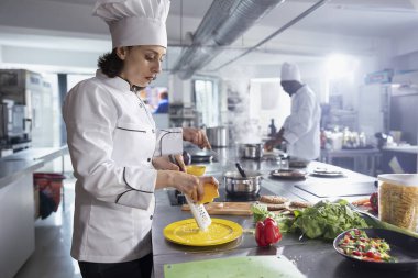 Paslanmaz çelik rende peynir dilimleyen genç bir kadın şef gurme yemeği için dilimlenmiş çedar ve mozzarella yapıyor. Lezzetli malzemeli profesyonel kadın yemek..