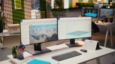 Rüzgâr türbini CAD tasarım yazılımı mühendislik ofisinde sürdürülebilir enerji araştırmaları için kullanılır. PC 'deki yazılım arayüzü rüzgar enerjisi üreteç altyapısının dijital modellenmesiyle