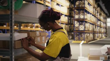 Afrika kökenli Amerikalı bir kadın ambardaki paketlere etiket yapıştırıyor, envanter ve sipariş işlemlerini yanlış etiketlerle yapıyor. Çevrimiçi büyük iş deposu alışverişi. Kamera A.