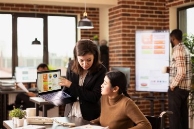 Masadaki Asyalı çalışan, modern çalışma alanındaki iyileşme sürecinde iş görüşmelerine katılıyor. İş kadını elinde bir panoyla, tekerlekli sandalyedeki meslektaşına pazarlama verilerini sunuyor..