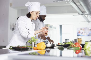 Bir restoranın mutfağında, kadın aşçı ocakta taze kekik ve maydanozla süslüyor. Genç aşçılık uzmanı renkli sebzeler ve baharatlarla, organik hammaddelerle yemek pişiriyor..