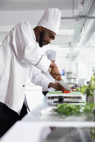 Precision and technique shine as a chef chopping fresh veggies on a cutting board. Modern kitchen where an expert is slicing and preparing vegetables for a new fine dining meal at the stove.