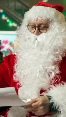 Noel Baba karakterini oynayan dikey video iyimser adam yaramaz ya da uslu çocukların listesini yapıyor. Neşeli insan dünyayı gezmeye hazırlanıyor, çocuklara hediyeler dağıtıyor, kamera A