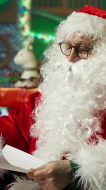 Noel Baba 'nın kötü görme yeteneği olan dikey videosu çocukların Noel malzemeleriyle çevrili mektuplarını okumaya çalışıyor. Yaşlı adam gözlükleri ayarlıyor, çocukları görmeye çalışıyor Noel dilek listesi, kamera.