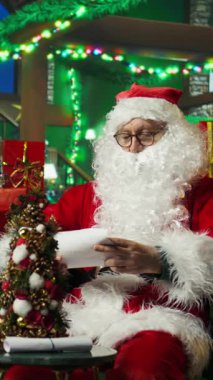 Dikey videoda Noel Baba kılığında gülümseyen adam çocuklardan gelen güzel mektuplara bakıyor ve işaret veriyor. Noel Baba kostümü giyen mutlu insan çocukların yazdığı dilek listelerini onaylıyor