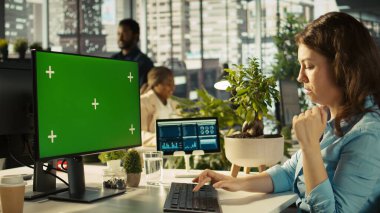 Ofis memuru gelir ve karlılık için kilit performans hedeflerini vurmak için izole ekran bilgisayarı üzerinde çalışıyor. Çalışan görünümlü kroma anahtar bilgisayar monitörü araştırma analizi yapıyor