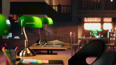 Antika dekorasyonlar ve rafine ahşap masalarla dolu boş eski moda kütüphane, sevimli klasik yeşil lambalar. Sakin akademik çalışma alanı araştırma ve bilimsel araştırmalar için mükemmel.