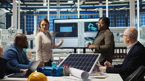 Fotovoltaik fabrikasında toplanan hissedarlar, yatırım stratejilerini belirlemek için pazar eğilimlerini analiz ediyorlar. Yöneticiler yeniliklere beyin fırtınası yapıyor, fabrika üretim kapasitesini genişletiyor, kamera A