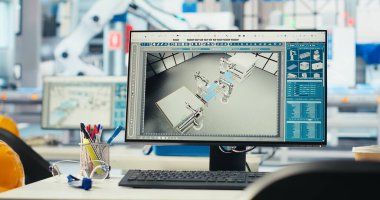 Robot kollarının güneş panellerini montaj hatlarına yerleştirme performansını denetlemek için kullanılan fotovoltaik fabrikasındaki bilgisayar. Güneş santrali makinelerinin geliştirilmesi için kullanılan boş tesiste bilgisayar görüntüsünün kapatılması