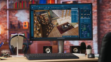 İç tasarım proje varlıklarını taşımak için kullanılan bilgisayardaki mimari tasarım yazılımını kapat. Bilgisayardaki CAD yazılım arayüzü ev zemininin planlarını, el kamerasının görüntüsünü gösteriyor