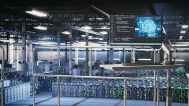 Veri merkezi endüstriyel platformundaki PC monitörü yapay zeka eğitimi için donanım durumunu gösteriyor. Workstation ekran izleme sunucuları işleme makinesi endüstriyel ortamda veri birimleri öğreniyor