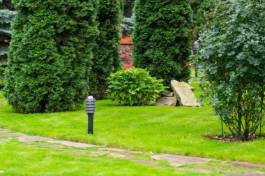 Walking path made of natural stone, surrounded by green spaces in landscape design