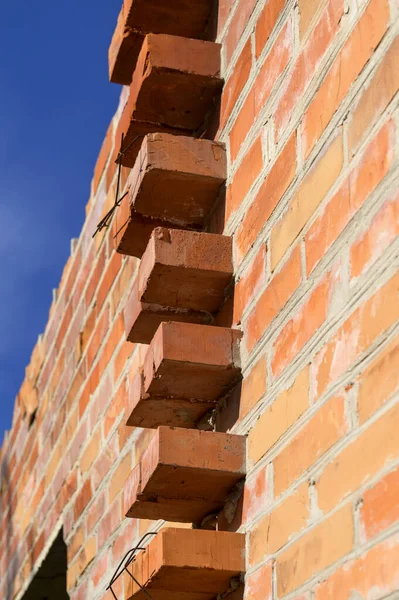Ściana Murowana Cegieł Budowa Budynku Terenie Strzał Bliska — Zdjęcie stockowe