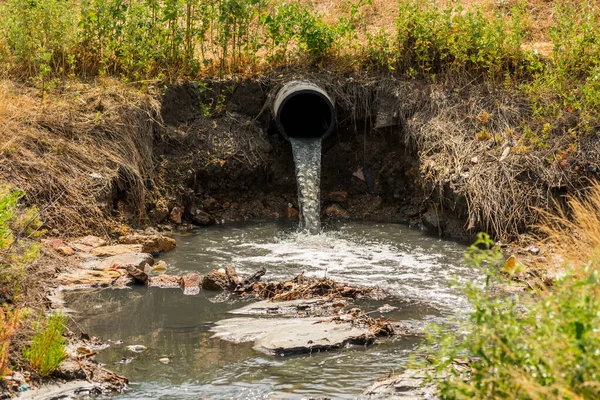 在绿地中排入大自然的排水管道 免版税图库图片