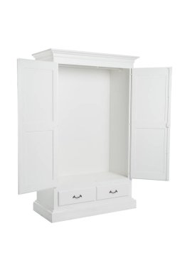 Büyük beyaz boyalı ahşap gardırop, beyaz arka planda izole edilmiş depo mobilyası.