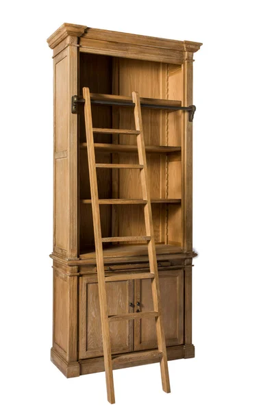 Dřevěný Žebřík Pro Vysokou Skříň Nábytkové Doplňky Bílém Pozadí Knihovna — Stock fotografie