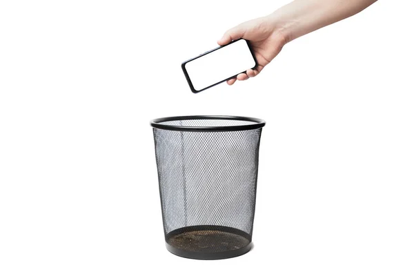 Man Dump Blank Screen Smartphone Trash Bin — Stock Photo, Image