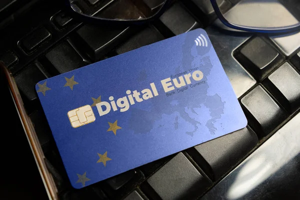 Digital euro currency concept: a credit card on a computer keyboard