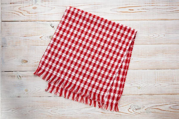 Blank Red Checkered Tablecloth Wooden Table Top View — Stock Photo, Image