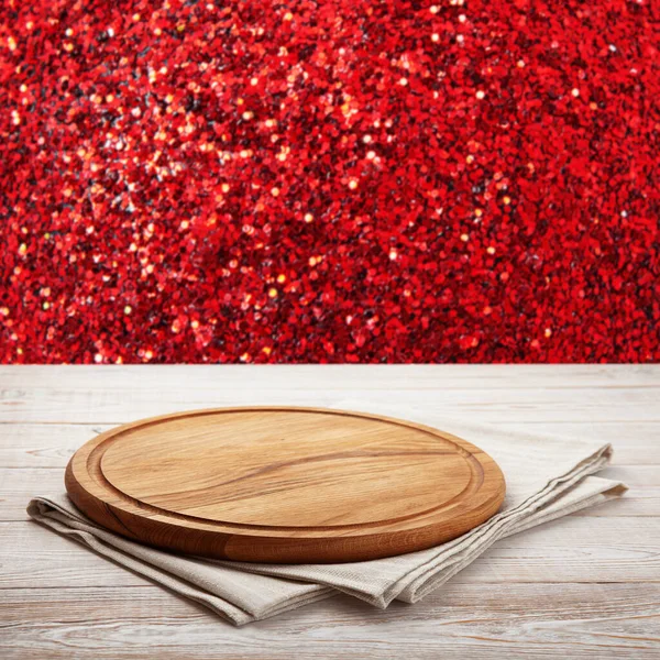 Pizza Board Napkin Wooden Table Top View Mock Festive Sparkling — Stock Photo, Image