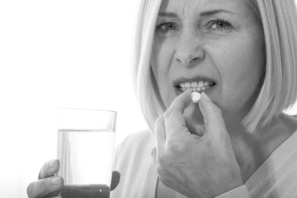 Sick Frustrated Middle Woman Feel Unwell Holding Glass Water Pill Stock Fotografie