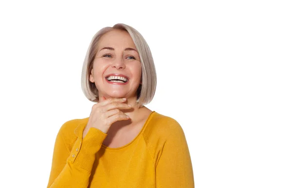Attraktive Frau Mittleren Alters Lächelt Emotional Posiert Studio Auf Weißem — Stockfoto