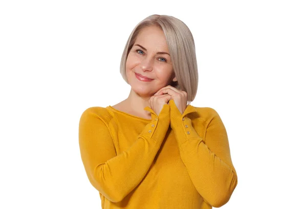 Attraktive Frau Mittleren Alters Lächelt Emotional Posiert Studio Auf Weißem — Stockfoto